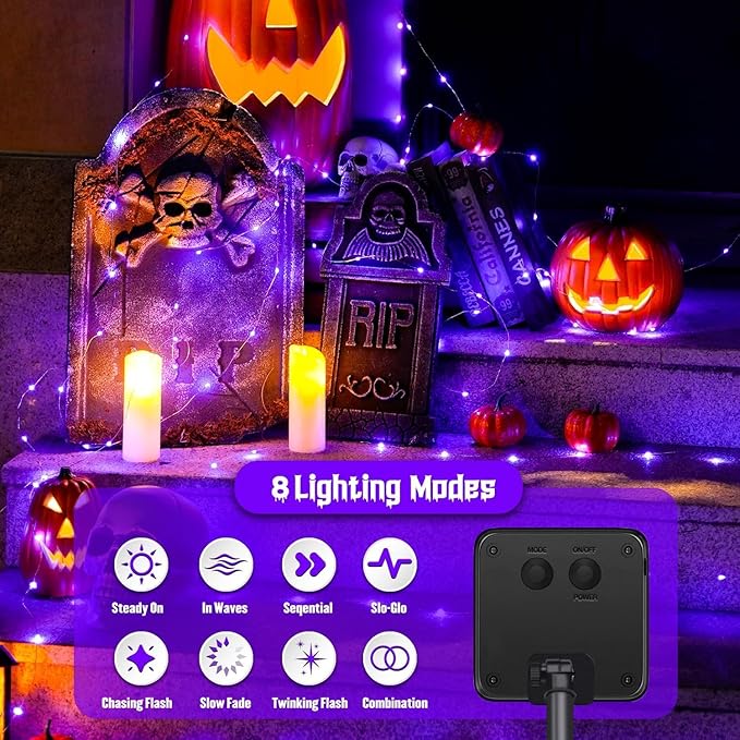 JMEXSUSS 2 Pack Solar Halloween Lights Outdoor, 33ft 100 LED Purple Halloween Lights, Waterproof 8 Modes Purple Solar Light for Outside Tree Garden Patio Christmas Decorations