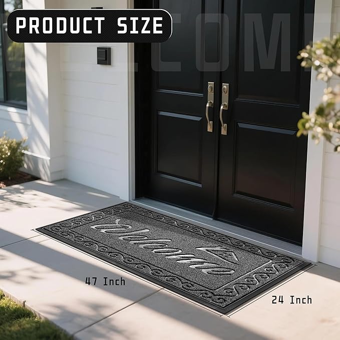 Yimobra Welcome Mat, Heavy Duty Sturdy Door Mats for Home Entrance Outdoor Indoor, Front Doormat for Outside Patio Floor Entry Porch Garage Office, Waterproof, Low Profile, 47 x 24, Black Grey