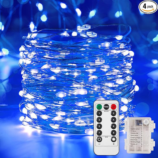 4 Pack 32.8 Ft. Battery Operated Outdoor String Lights with Remote & Timer, LED Blue Fairy Lights, Waterproof Twinkle Lights for Bedroom, Dorm, Mason Jar, Wedding, Party, Christmas