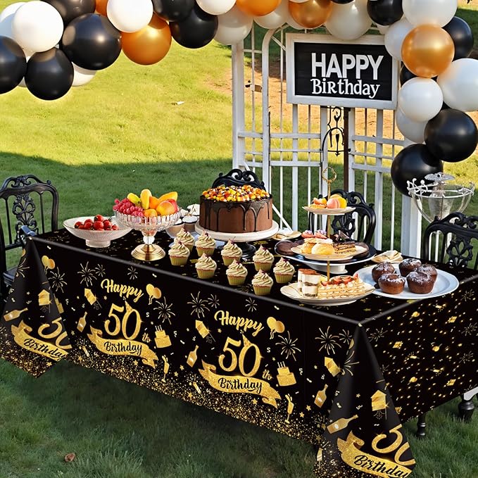 3 Pack 50th Birthday Tablecloth, Plastic Black Gold Table Cloths 50th Birthday Table Cover, Disposable Rectangle Table Cloths for Birthday Party Decorations, 54x108