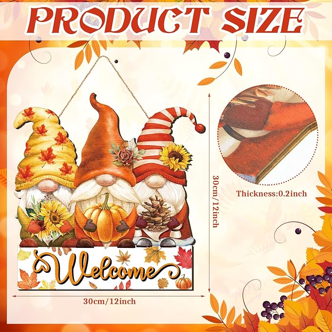 Boao Fall Welcome Sign Gnome Hanging Door Decor Thanksgiving Wooden Sign Autumn Door Decorations Pumpkin Maple Leaves Hanger for Outdoor Farmhouse Porch