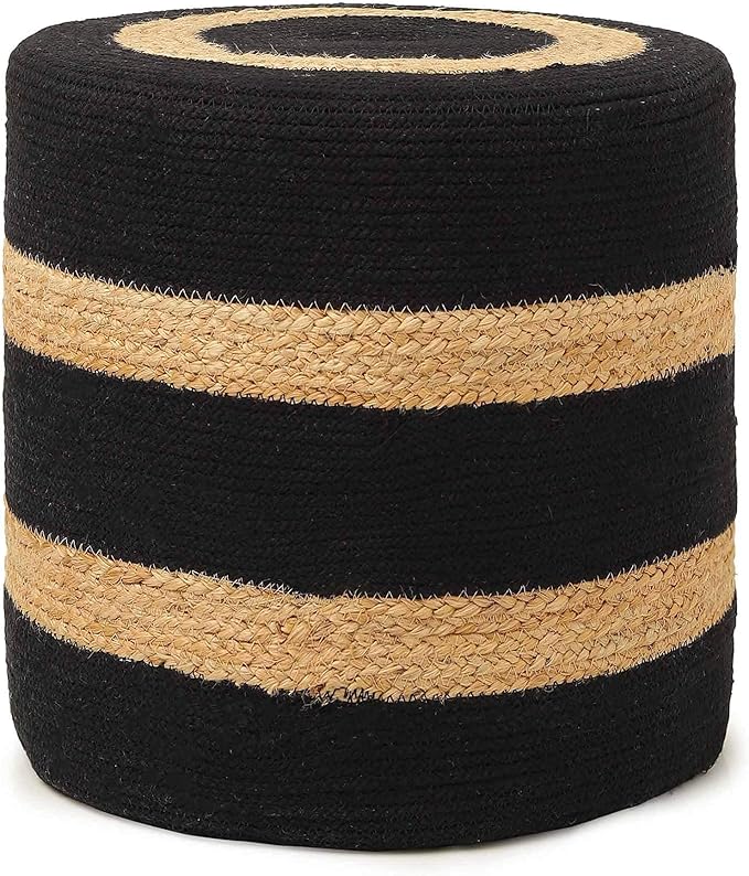 REDEARTH · Cylindrical Pouf Foot Stool Ottoman - Jute Braided Pouffe Poof Accent Sitting Footrest for The Living Room, Bedroom, Nursery, Patio, Lounge & Other Rooms (14.5”x14.5”x16”; Black Natural)