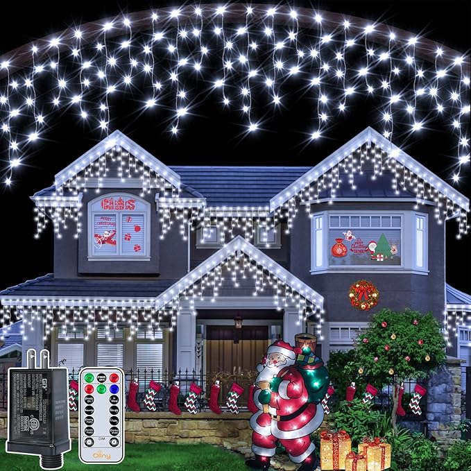 Ollny Icicle Lights Outdoor Cool White, 594LED 49FT Christmas Lights with Remote 8 Modes Dimmable, Waterproof Connectable Timer Hanging Light for House Outside Yard Indoor Decorations