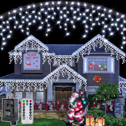 Ollny Icicle Lights Outdoor Cool White, 594LED 49FT Christmas Lights with Remote 8 Modes Dimmable, Waterproof Connectable Timer Hanging Light for House Outside Yard Indoor Decorations