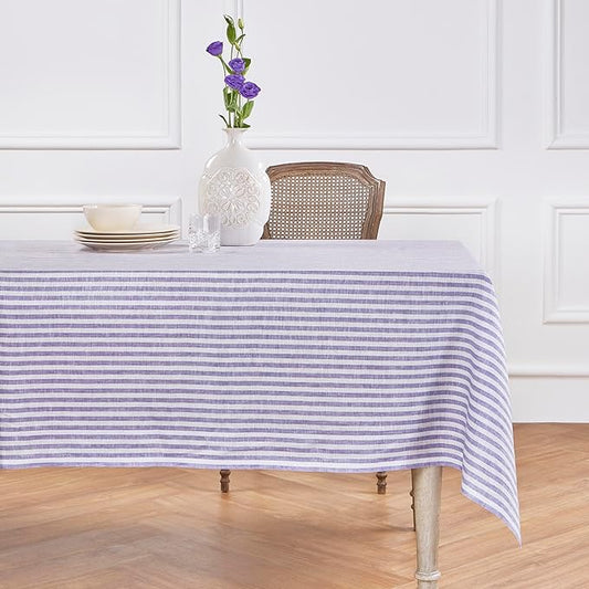 Solino Home Linen Striped Tablecloth 60 x 108 Inch - 100% Pure Linen Violet and White Table Cloth for Rectangle Tables - Amalfi Stripe, Machine Washable Tablecloth