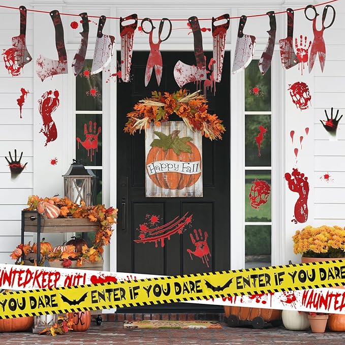 Halloween Decorations, 5 Sheets Wall Decals-Bloody Handprint Stickers, 2 Pack Halloween Banners and 2 PCS Caution Tape Rolls 3inx30ft for Haunted Mansion, Outdoor, Indoor, Party Decor