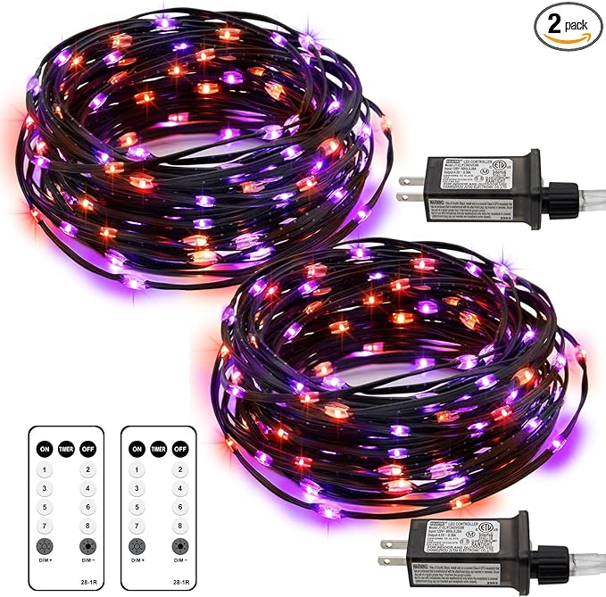 2 Pack Halloween Fairy Lights Plug in, 33Ft 100 LED Micro Starry String Lights with Remote Timer 8 Modes, IP68 Full Waterproof Twinkle Lights for Indoor Halloween Decor (Orange Purple)