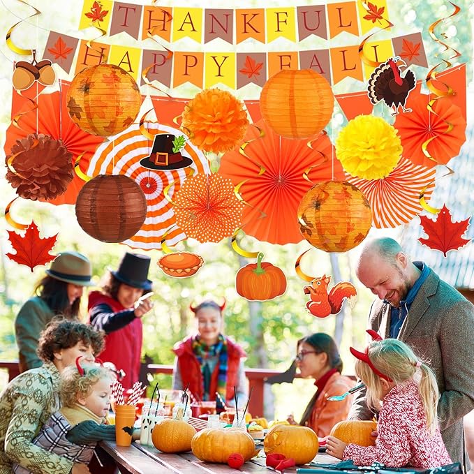 28 Pcs Fall Party Decoration Thanksgiving Party Supplies Include Thankful Happy Fall Banner Autumn Paper Lanterns Pom Pom Hanging Fans Bunting Garland Swirl Streamers for Thanksgiving Harvest