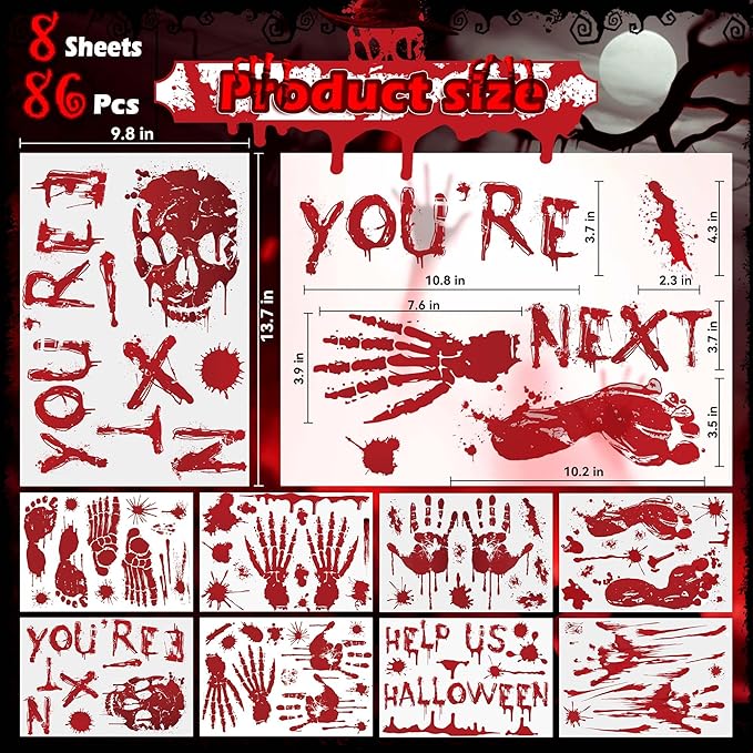 PartyGarden Halloween Decorations - 8 Sheet 86 Pcs Halloween Bloody Handprint Footprint Window Clings Wall Decal Floor Stickers for Inside Outside Home Door Scary Party Décor