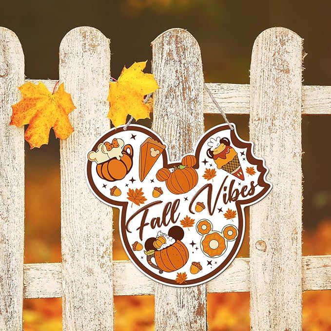 Fall Vibes Door Hanger, Fall Mouse Welcome Door Sign, Wooden Maple Leaves Mushroom Hanging Decor for Front Door, Fall Wood Wreath Wall Decors for Autumn Harvest Thanksgiving Home Decor