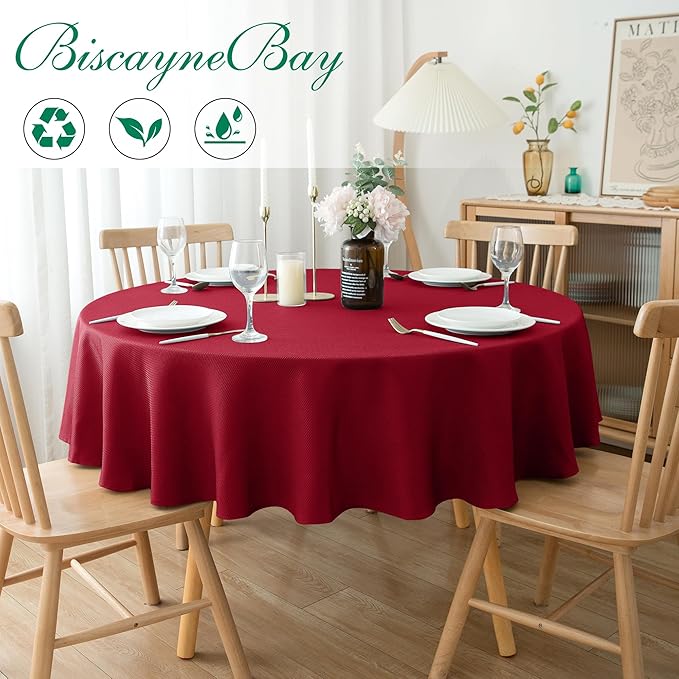 Biscaynebay Textured Fabric Round Christmas Tablecloths 70", Red Water Resistant Tablecloths for Dining, Kitchen, Wedding & Parties, etc Machine Washable