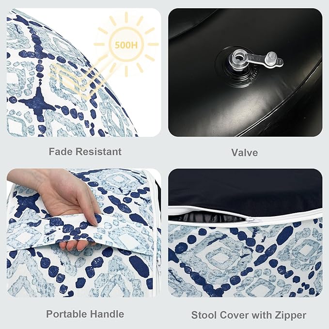 LVTXIII Inflatable Stool Ottoman Footrest with Handle, Decorative Fade-Resistant Foot Stool, Indoor or Outdoor Pouf for Home Garden and Camping Use, 21x21x9, Boho Geometry Blue