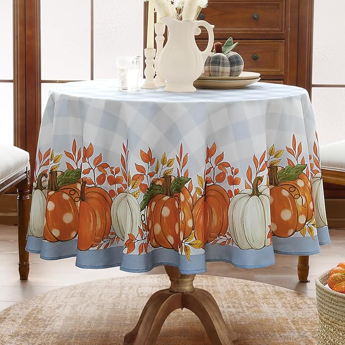 Romanstile Fall Round Tablecloth, Thanksgiving Autumn Harvest Pumpkin Buffalo Plaid Table Cloth, Stain Resistant Washable Table Cover for Party/Dining/Holiday- Grey Blue Checkered, 60 Inch