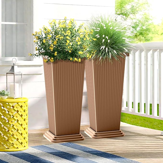 FENCY Set of 2 Tall Planters for Outdoor Plants, 24 Inch Large Tapered Pots with Drainage Trays, Weather-Resistant Plastic Plant Containers for Patio, Porch, Garden, Front Door Decor,Brown, Striped