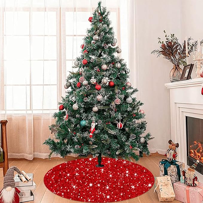 MODFUNS Red Christmas Tree Skirt Mini Glitter Tree Skirts 21 Inch Sequin Xmas Tree Skirt Thick Velvet Tree Mat Small Sparkly Tree Skirts Bling Christmas Tree Skirting Collar for Winter Holiday Decor