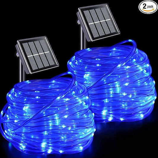 YEGUO 2 Packs Each 33ft 100 LED Solar Rope Lights Outdoor Waterproof, Solar Pool Light Blue, 8 Modes Solar Fairy Lights in Clear Thin Tube Outside for Camping Fence Patio Garden Trampoline Deck