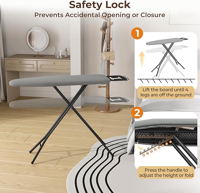 Yaheetech Foldable Ironing Board, Heavy Duty Iron Board with 9 Adjustable Heights, 4 Layer Cover and Safety Iron Rest, 52X14 Compact and Space Save Iron Board for Home Laundry Room Use, Gray