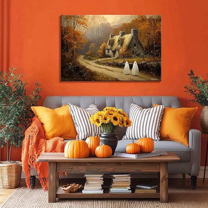 Laoife Halloween Canvas Wall Art, Vintage Spooky Farmhouse Autumn Rustic Landscape Wall Decoration, Ghost on Rural Roads for Living Room Bedroom Home Decor (Ghost 2)