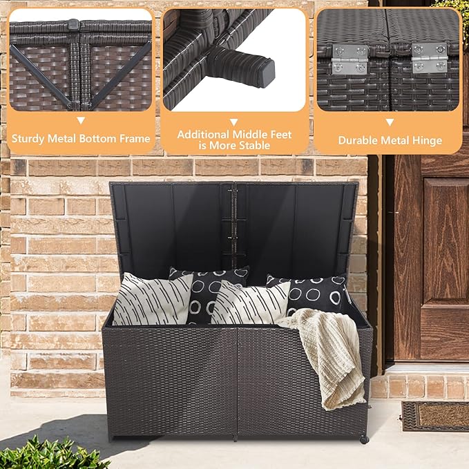 HAPPYGRILL 175 Gallon Outdoor Rattan Deck Box, Wicker Storage Bin with Zippered Liner & 2 Universal Wheels, Safe Pneumatic Rod, Patio Rattan Storage Container for Cushions Pillows