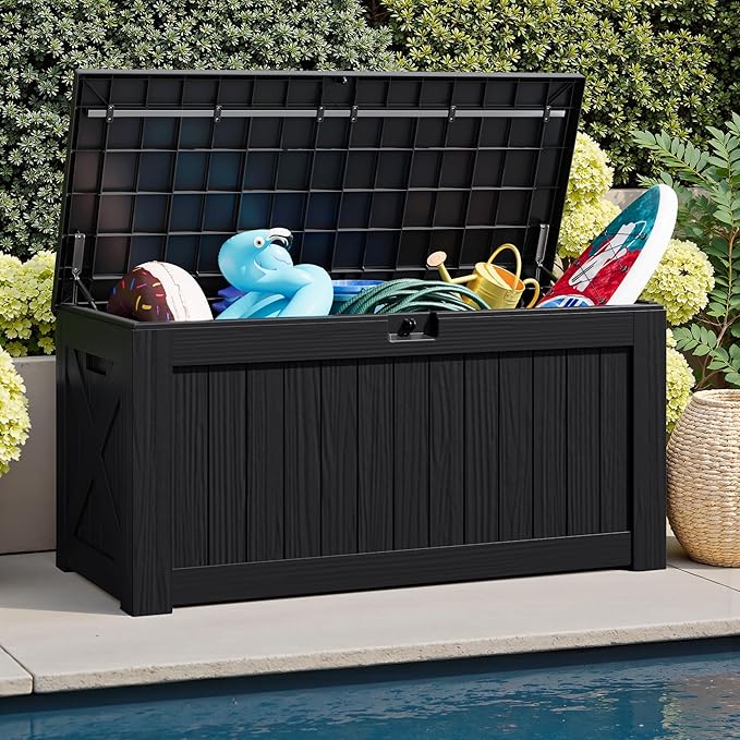 JUMMICO 120 Gallon Resin Deck Box, Large Outdoor Storage Box Waterproof & Lockable for Garden, Patio, Pools (Black)