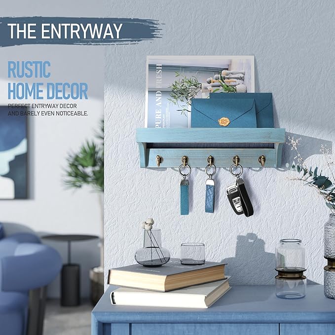 Rebee Vision Farmhouse Pine Wood Key Holder Wall Mount for Home Decor - Rustic Wall Key Holder with Shelf for Home Improvement - Ideal Entryway Organizer in Living Room (Distressed Blue)