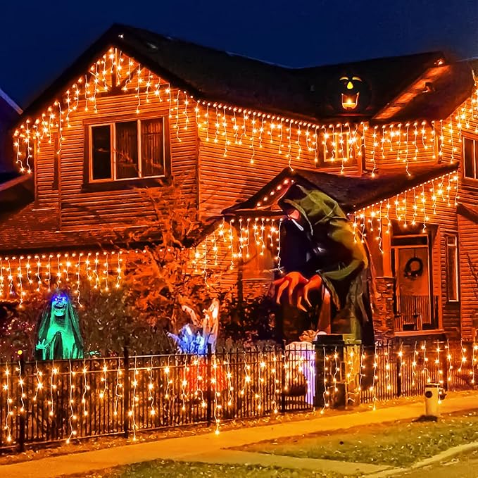 Orange Lights for Halloween 66ft 640 LED Icicle Christmas Lights Outdoor 8 Modes with 120 Drops, Waterproof Halloween Light Outdoor Plug in for Outside Indoor Party Holiday Tree Decorations