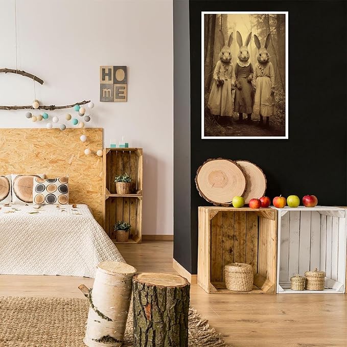 Vintage Horror Spooky Three Rabbits In Occult Forest Spooky Canvas Wall Art Poster Gothic Dark Academia Decorations Room Creepy Print Retro Halloween Wall Decor 24X36inch Unframed