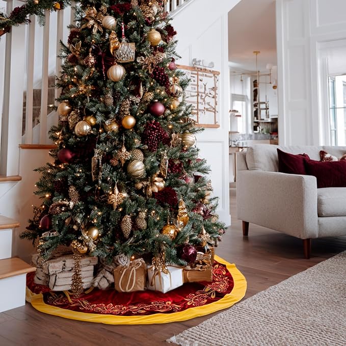 Luxury Velvet Christmas Tree Skirt 48 Inch Gold Victoria Embroidery Vintage Sparking Holly Tree Skirt for Holiday Party Rustic Xmas Decorations Home(Burgundy)