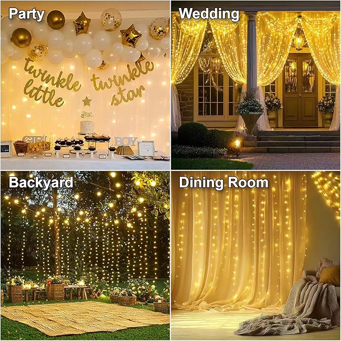 HXWEIYE 300LED Fairy Curtain Lights, 9.8x9.8Ft Warm White USB Plug in 8 Modes Christmas String Hanging Lights with Remote for Bedroom, Indoor, Outdoor, Weddings, Party