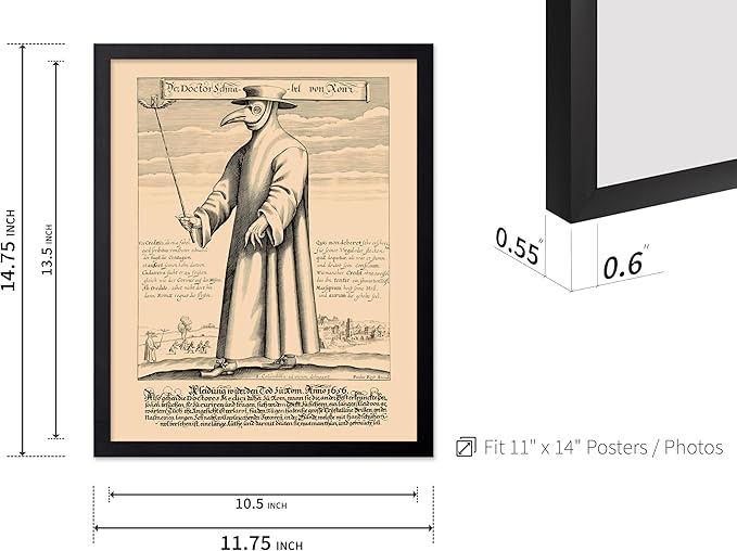 Poster Master Vintage Medieval Poster - Retro Illustration Print - Gift for Friend - Plague Doctor, Pandemic Mask, Physician, Black Death - Wall Decor for Home, Living Room, 11x14 Black Framed