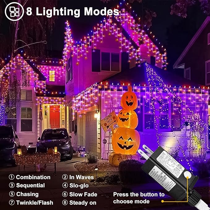 33ft Halloween Lights Outdoor, 400 LED Icicle Lights for Outside, Orange and Purple Twinkle Christmas Light with Connectable Clear Wire 8 Modes Timer Waterproof for House Party Tree Holiday Yard Decor