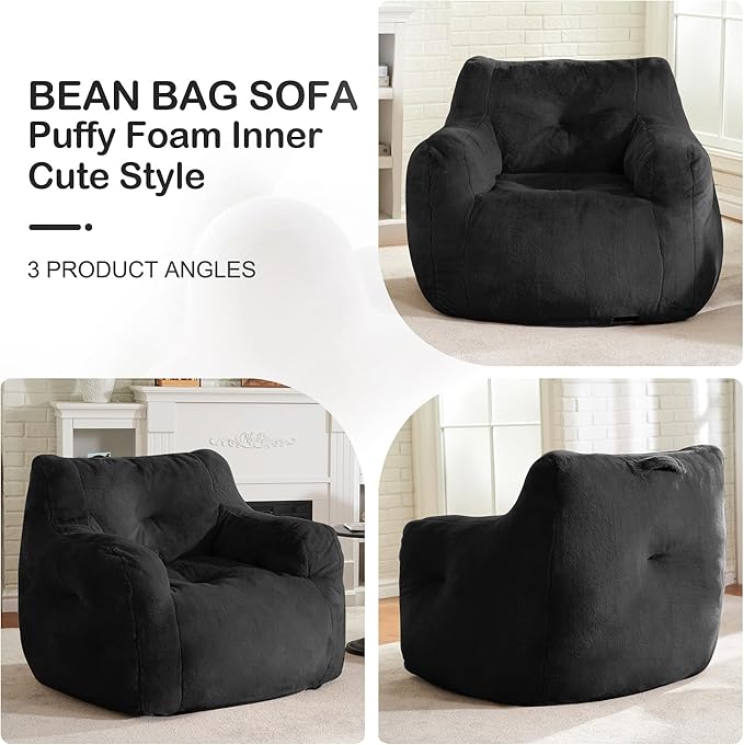 Hobestluk Bean Bag Chair for Adult Small Bean Bag Chairs with Arms Furry Beanbag Chair with Foam Filler Stuffed Bean Bag Sofa for Reading in Bedroom Living Room and Dorms (Black)