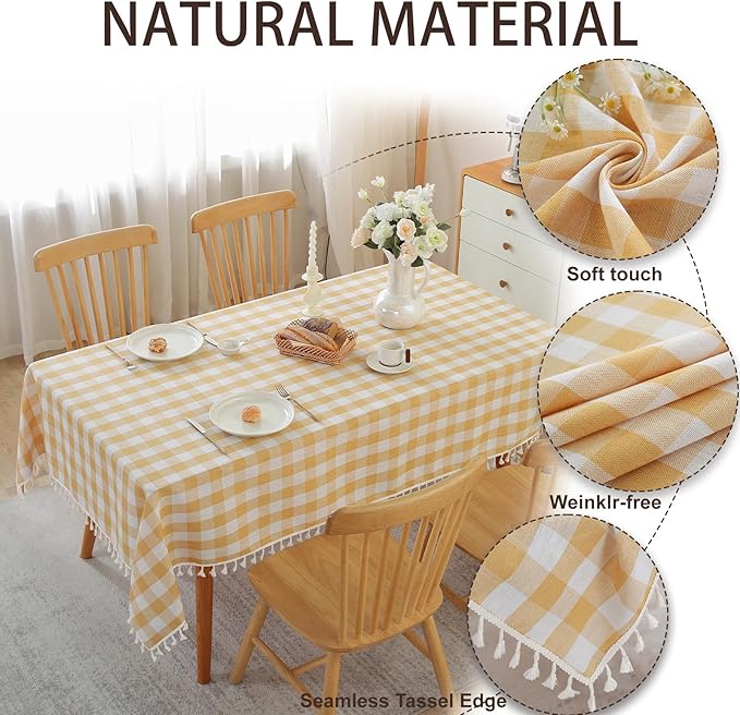 JIALE Gingham Tablecloth Square Cotton Linen Fabric Checkered Table Cloth with Tassel Washable Wrinkle Free Buffalo Plaid Table Cover for Outdoor Party Picnic Kitchen Dining, Yellow, 55x55