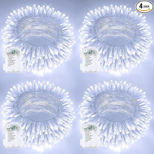 4 Pack String Lights Battery Operated with Timer, 132FT 400 LED Waterproof Battery Twinkle Lights, 8 Modes Fairy Light for Indoor Outdoor Party Bedroom Garland Tree Christmas Decorations (Cool White)