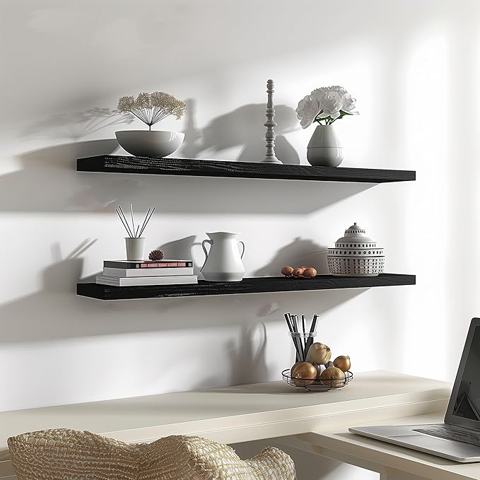 Wood Floating Shelves for Wall Decor, Rustic Wall Shelves for Bedroom Bathroom Kitchen Living Room, Set of 4 Black 48 Inch