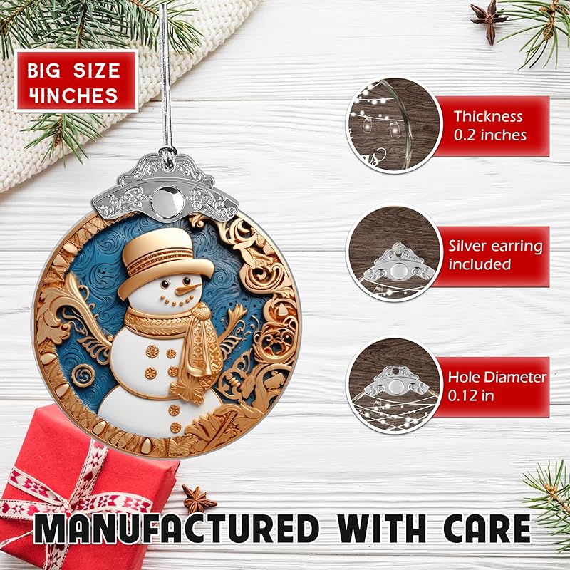 2025 Christmas Ornament, Stained Glass Effections, Christmas Tree 4 Inch Acrylic Ornament Art, White Elephant Gifts Car Interiors Decors, Christmas Decor (Yellow Hat Snowman)