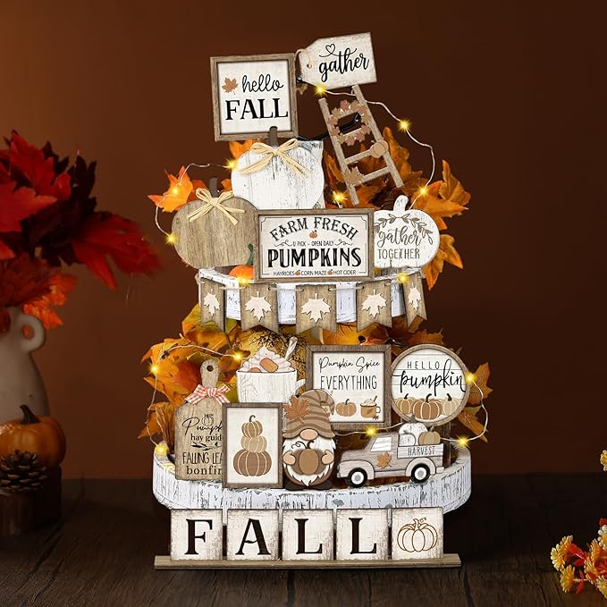 24 Pcs Fall Tiered Tray Decoration Set Thanksgiving Table Sign Pumpkins Farmhouse Decor Gnome Maple Leaves Decorative Trays Harvest Wood Blocks Signs Fall Block Tabletop for Autumn