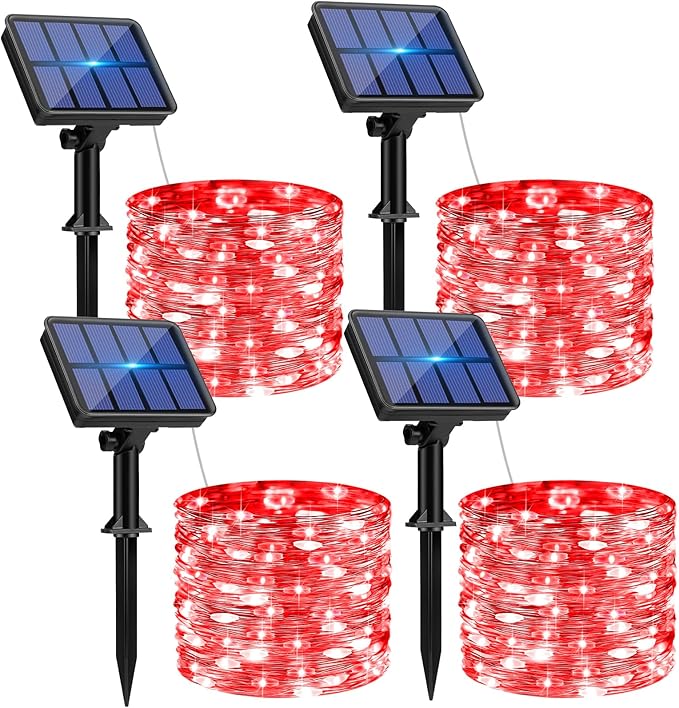 4 Pack Solar String Lights Outdoor - 320LED 132FT Solar Fairy Lights Waterproof 8 Modes, Copper Wire Solar Powered Twinkle Lights for Outside Tree Garden Christmas Wedding Party Decor, Red