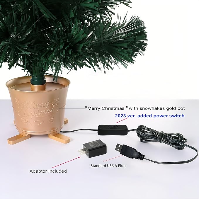 32 inch Green Pre-lit Small Fiber Optic Christmas Tabletop Tree with Gold Pot and Adaptor