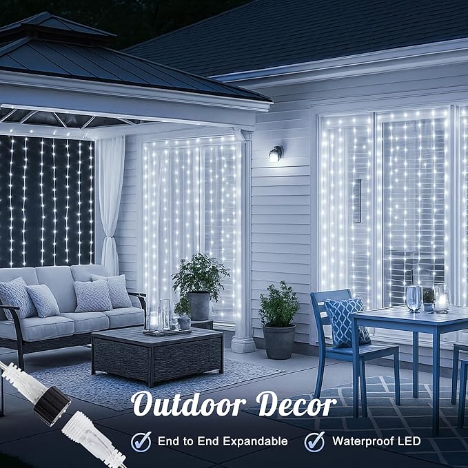 HEYFUNi 304 LED Curtain Lights Outdoor, 9.8Ft*9.8Ft Hanging String Lights Plug in with 8 Modes, Connectable Curtain Fairy Lights for Bedroom, Dorm, Christmas, Wall, Backdrop, Wedding Decor, White