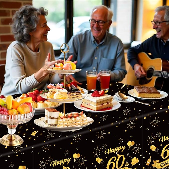 3 Pack 60th Birthday Tablecloth, Plastic Black Gold Table Cloths 60th Birthday Table Cover, Disposable Rectangle Table Cloths for Birthday Party Decorations, 54x108
