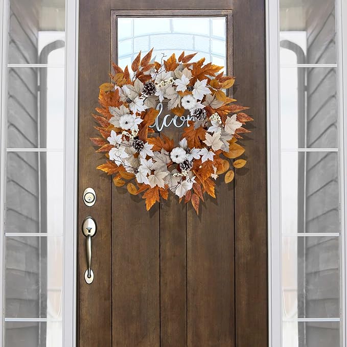 Fall Wreaths for Front Door Outside Autumn Wreath with Lights Berries Pine Cones Fall Decorations for Home Decor Pumpkin Wreath for Farmhouse Holiday Thanksgiving Harvest Halloween Outdoor