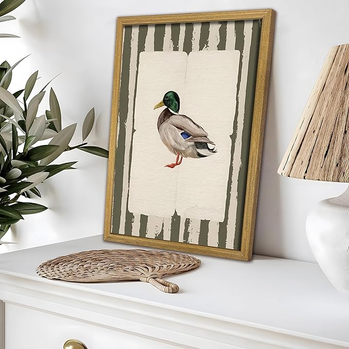 Vintage Framed Duck Wall Art Print, Rustic Mallard Bird Illustration Canvas Poster, Cottagecore Animal Artwork, Farmhouse Nature Wall Decor for Living Room Kitchen Bathroom Bedroom 12x16 inch