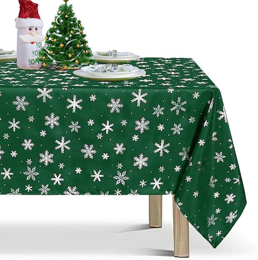 LUSHVIDA Christmas Tablecloth Rectangle - Green 60x84 inch Snowflakes Foil Print Pattern Washable Wrinkle Resistant Holiday Tablecloths for Christmas Family Gathering, Dining Room Table 130GSM