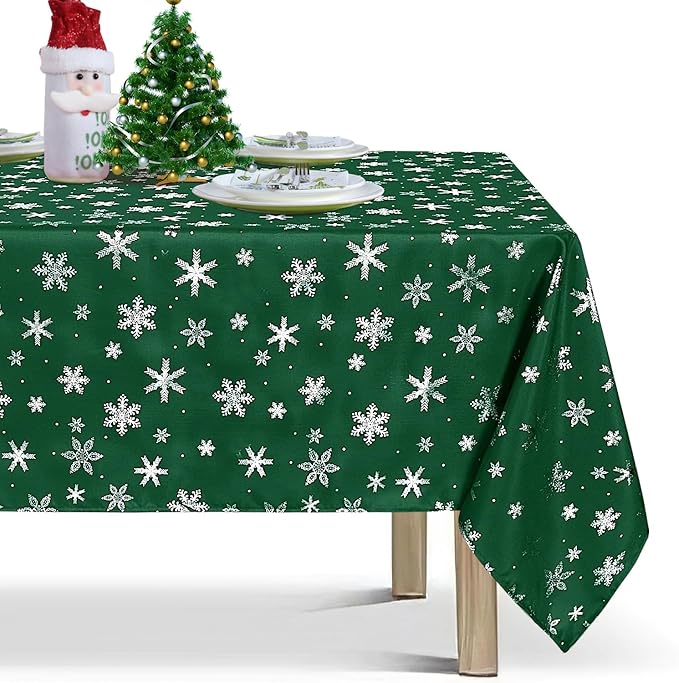 LUSHVIDA Christmas Tablecloth Rectangle - Green 60x120 inch Snowflakes Foil Print Pattern Washable Wrinkle Resistant Holiday Tablecloths for Christmas Family Gathering, Dining Room Table 130GSM