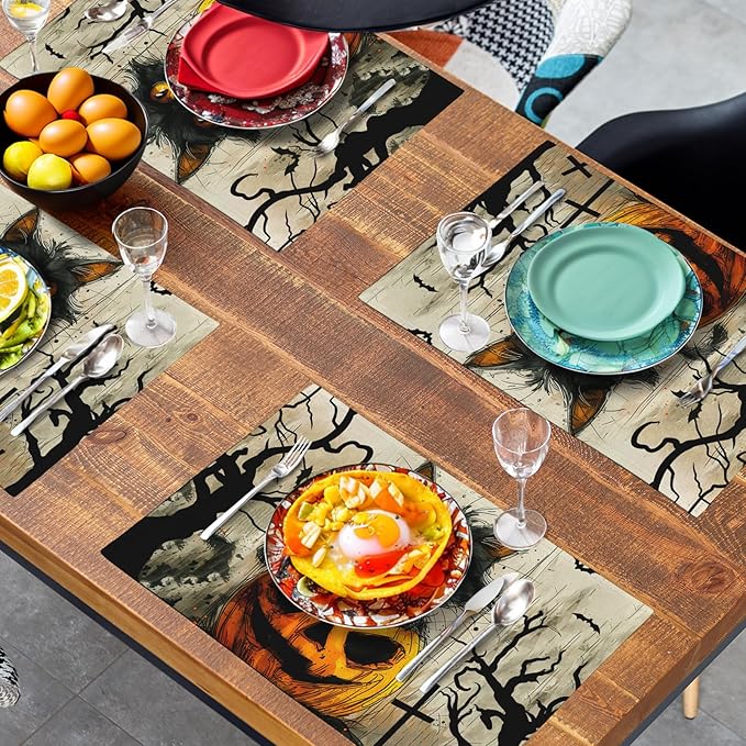 Halloween Black Cat Pumpkin 12x18 Placemats Set of 4 Happy Halloween Bat Branch Linen Table Place Mat Seasonal Fall Washable Heat Resistant Non Slip Table Placemats for Party Kitchen Dining Decor