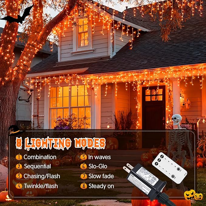 JMEXSUSS Orange Halloween Lights Outdoor, 800 LED Orange Icicle Lights Outdoor Waterproof, 8 Modes String Light Plug in for Fireplace Tree Garden Patio Thanksgiving Fall Halloween Decor