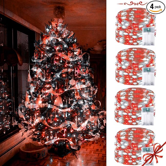 Red and White Bttery Operated Christmas Lights,4 Pack Fairy Lights Battery Operated with Timer,Christmas Tree Lights for Outdoor/Indoor Waterproof,Twinkle Lights for Bedroom Home Christmas Decorations