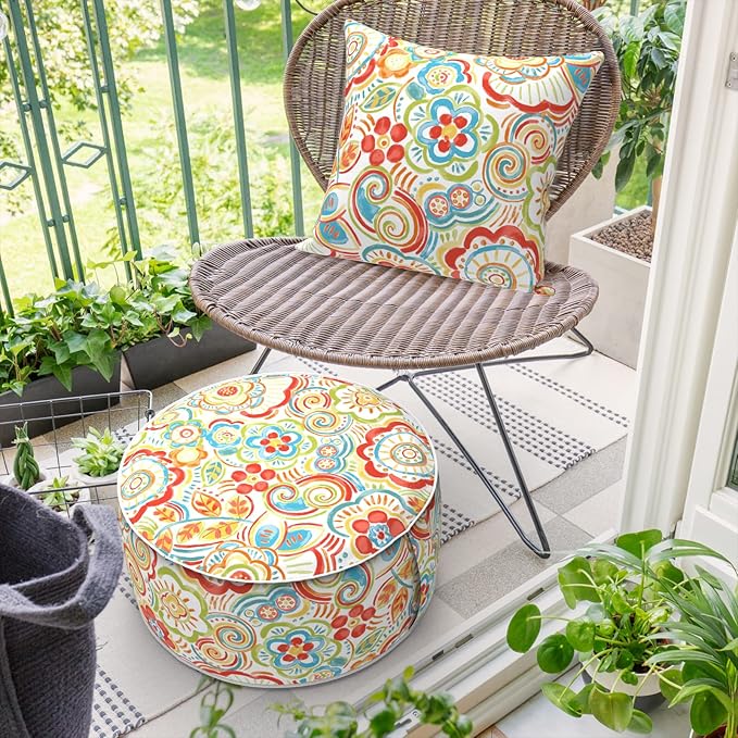 Inflatable Ottoman Stool D21 xH9 for Outdoor/Indoor Use, Water Repellent Patio Foot Rest Stool with Portable Handle,Round Pouf Ottoman Suitable for Garden,Deck and Camping - Flower Red