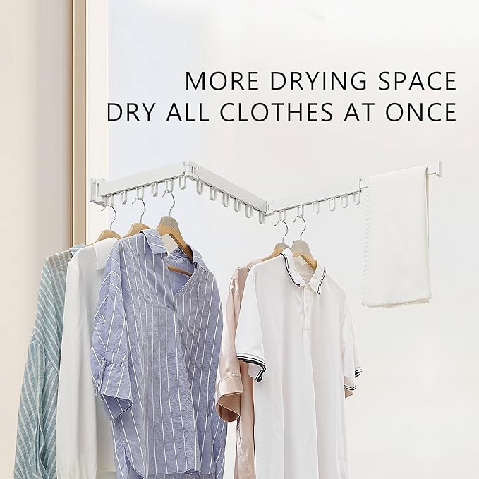 Clothes Drying Rack Wall Mounted, Laundry Drying Rack Collapsible, Space Saving Wall Drying Rack Clothing Foldable, Tri-Fold Retractable Rack Outdoor Indoor with 18 Hooks(White，Loop-Shape Hooks)